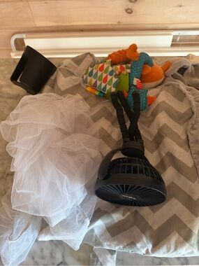 Stroller accessories. Cover, bug net, fan, cup holder, toy 
.